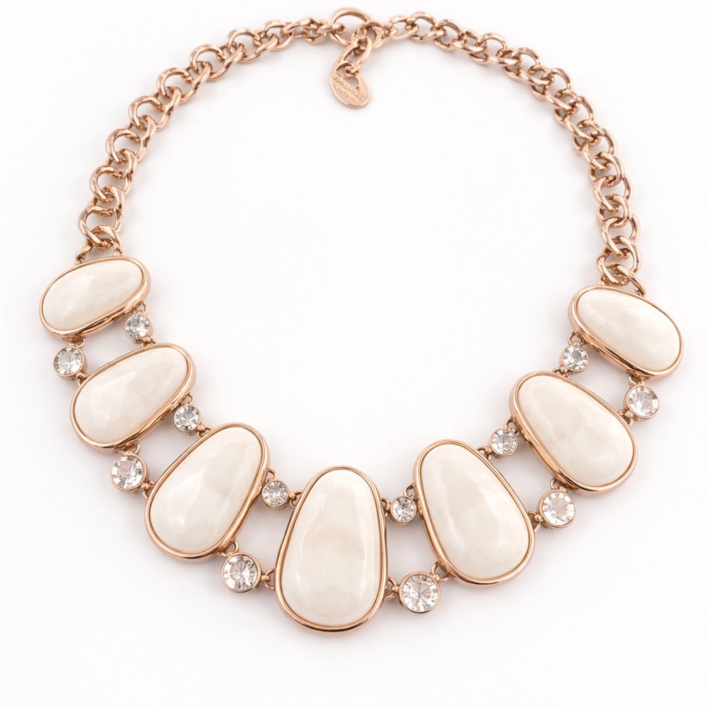 St. Thomas Rose Gold Cream Pearl Statement Necklace Rhinestone 20”